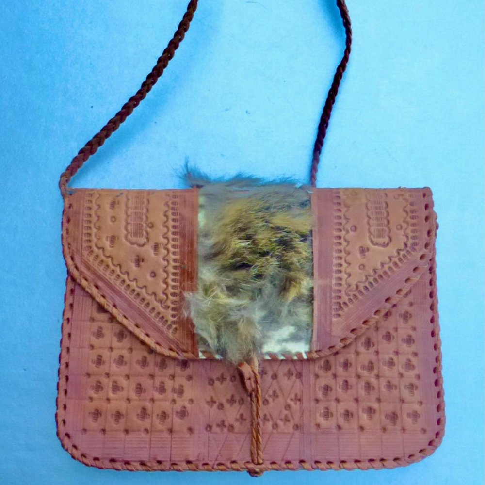 Genuine Fur Tooled Leather Shoulder Bag Tribal Tan